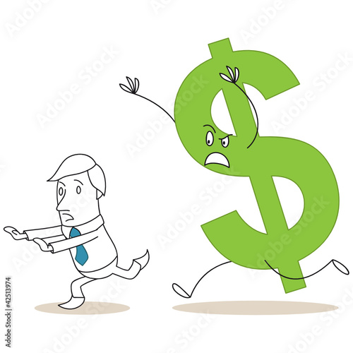 Vector: Geschäftsmann, von Dollar gejagt, rennend, Währungen Geschäftsmann, von Dollar gejagt, rennend, Währungen