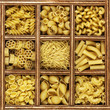 different kinds of italian pasta in wooden box catalog