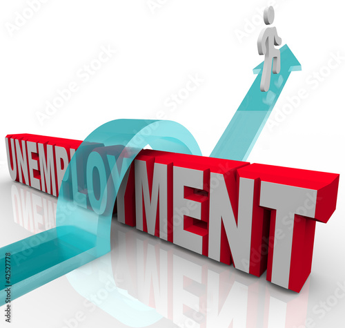 Illustration: Man Rises Over Unemployment Word on Arrow of Recovery Man Rises Over Unemployment Word on Arrow of Recovery