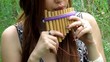 redhead girl reading playing flute outdoors closeup