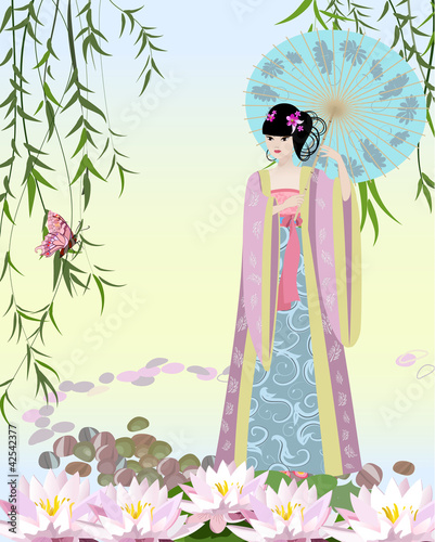 Vector: Chinese girl dressed at the lake Chinese girl dressed at the lake