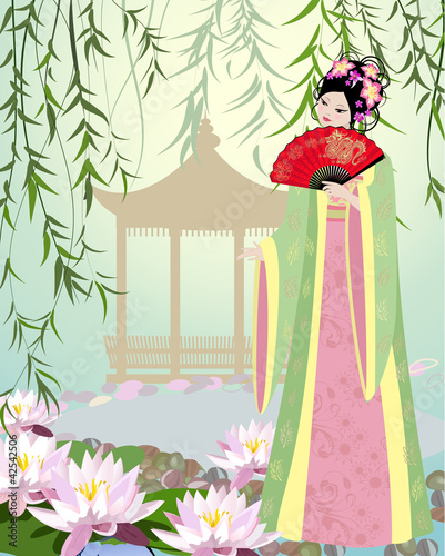 Vector: Chinese landscape with girl Chinese landscape with girl