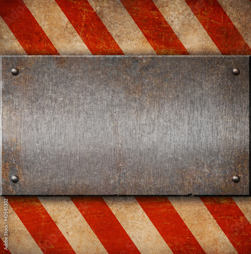 Illustration: Grunge metal plate with white and red stripes Grunge metal plate with white and red stripes