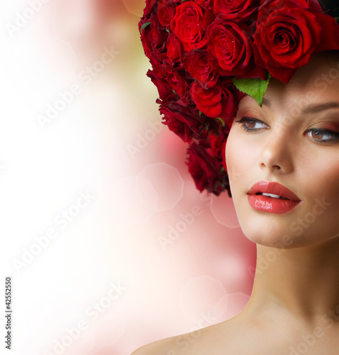 Photo: Fashion Model Portrait with Red Roses Hair Fashion Model Portrait with Red Roses Hair