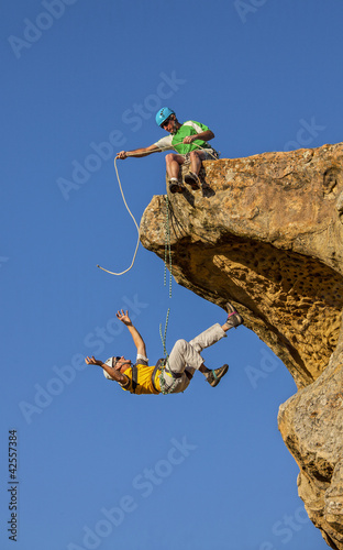 Photo: Falling climber saved by his partner. Falling climber saved by his partner.
