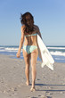 Beautiful Woman Surfer In Bikini With Surfboard At Beach