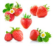 strawberry berry with green leaf and flower isolated on white