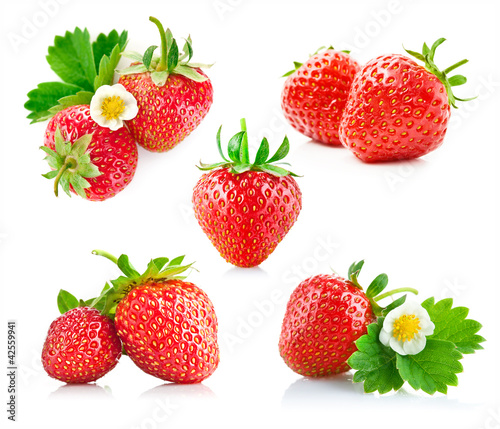 Photo: strawberry berry with green leaf and flower isolated on white strawberry berry with green leaf and flower isolated on white