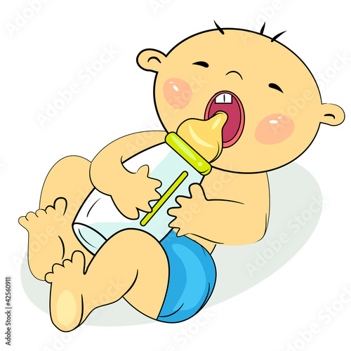 Vector: cartoon little baby eating milk. boy with diaper painting cartoon little baby eating milk. boy with diaper painting
