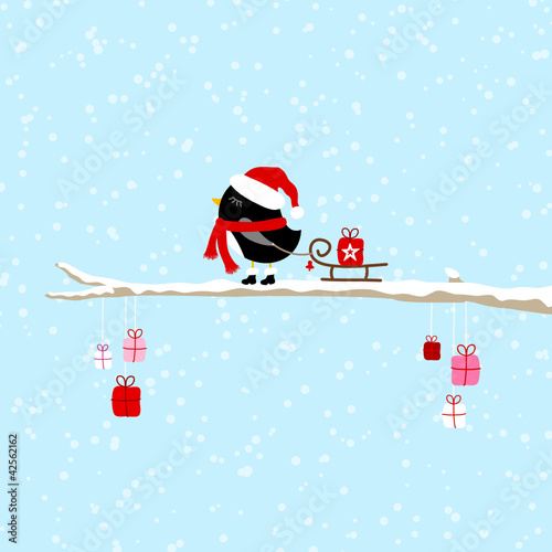 Vektor: Penguin Pulling Sleigh With Gift On Tree Blue Penguin Pulling Sleigh With Gift On Tree Blue