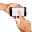 Photo: hands are holding and point on Smart Phone Isolated on white bac hands are holding and point on Smart Phone Isolated on white bac