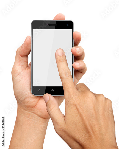 Photo: hands are holding and point on Smart Phone Isolated on white bac hands are holding and point on Smart Phone Isolated on white bac