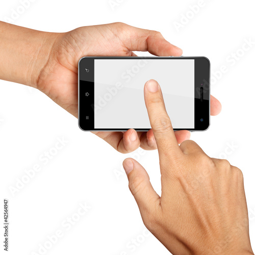 Photo: hands are holding and point on Smart Phone Isolated on white bac hands are holding and point on Smart Phone Isolated on white bac