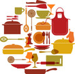 Ilustración: kitchenware set with fork, knife, pot and apron kitchenware set with fork, knife, pot and apron