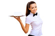 Young waitress with an empty tray