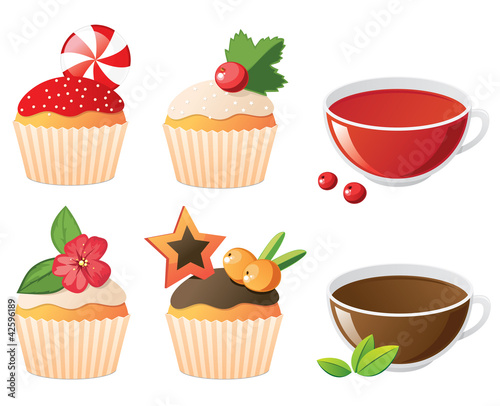 Vektor: Set with tea and cupcakes Set with tea and cupcakes