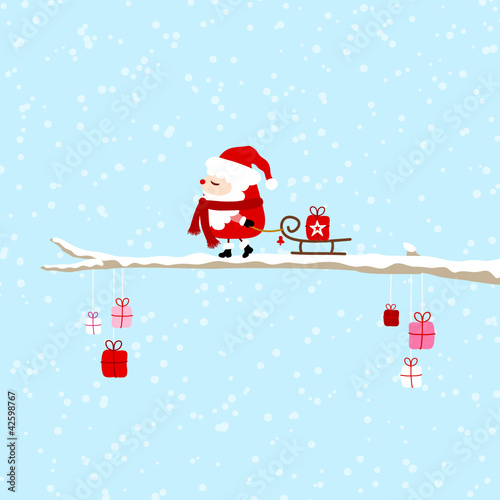 Vettoriale: Santa Pulling Sleigh With Gift On Tree Blue Santa Pulling Sleigh With Gift On Tree Blue
