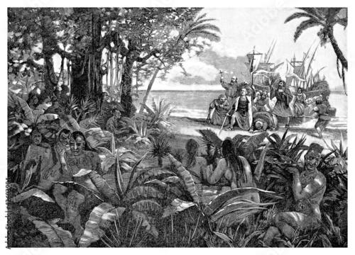 Illustration: Christophus Colombus landing in America : 15th century Christophus Colombus landing in America : 15th century