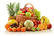 Composition with assorted fruits in wicker basket