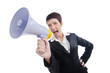 Young business lady screaming to loudspeaker