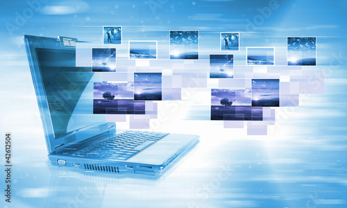 Foto: Notebook against colour background with images Notebook against colour background with images