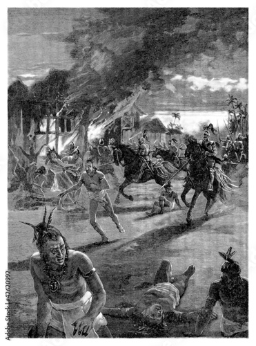 Illustration: Conquistadors killing Indians - 15th-16th century Conquistadors killing Indians - 15th-16th century
