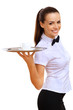 Young waitress with an empty tray