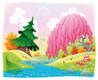 Fantasy landscape on the riverside. Vector illustration.