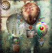 Illustration: Old town with montgolfier and balloons Old town with montgolfier and balloons