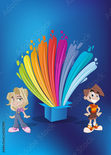 Vector: Kids in front of colorful paint splashing out of a blue box Kids in front of colorful paint splashing out of a blue box