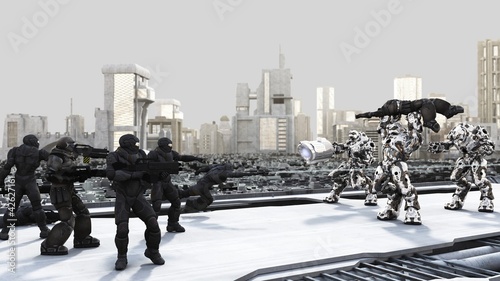 Illustration: Space Marines and Combat Droids Battle in a Futuristic City Space Marines and Combat Droids Battle in a Futuristic City