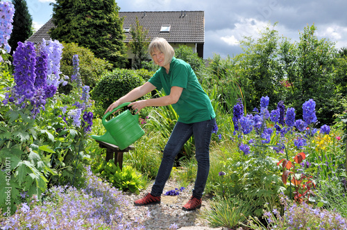 Photo: Frau gießt die Gartenblumen Frau gießt die Gartenblumen