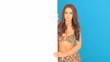 Young woman in bikini holding a blank placard
