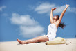 Beautiful smiling girl in white dress with beach bag