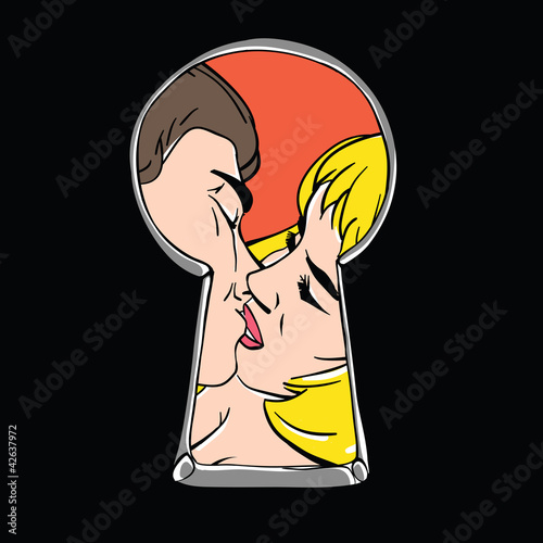 Vector: Peeping couple kiss through keyhole. Peeping couple kiss through keyhole.