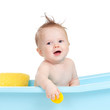 adorable baby having bath in blue tub