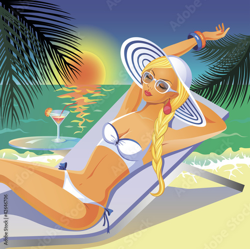 Vettoriale: Beautiful tanned girl having a rest on a beach Beautiful tanned girl having a rest on a beach