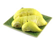 peeled durian on plate isolated on white background.