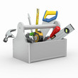 Toolbox with tools. Skrewdriver, hammer, handsaw and wrench.