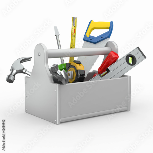 Illustration: Toolbox with tools. Skrewdriver, hammer, handsaw and wrench. Toolbox with tools. Skrewdriver, hammer, handsaw and wrench.