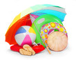 Beach umbrella and articles for happy holidays.