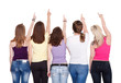 Photo: Five girls pointing in copy space Five girls pointing in copy space