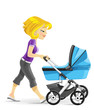 Young mother walking with a blue baby carriage