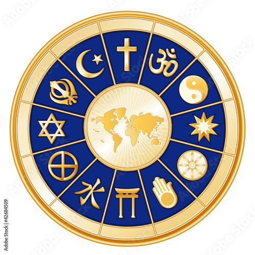 Vector: World of Faith around earth map, 12 global religions World of Faith around earth map, 12 global religions