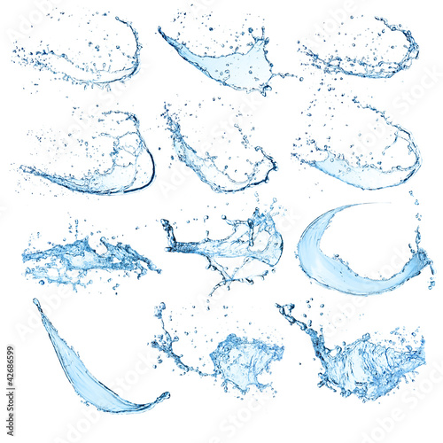 High resolution water splashes collection on white background