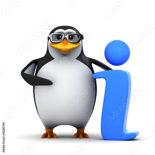 Illustration: 3d Penguin in glasses with Info symbol 3d Penguin in glasses with Info symbol