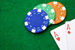 Texas holdem pocket aces on casino table with copy space and chi
