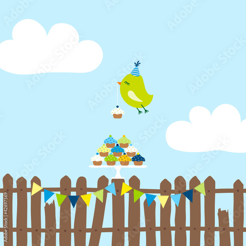 Vector: Flying Green Bird 10 Cupcakes Fence 2 Buntings Blue Flying Green Bird 10 Cupcakes Fence 2 Buntings Blue