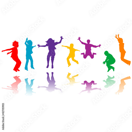 Illustration: Group of hand drawn children silhouettes jumping Group of hand drawn children silhouettes jumping