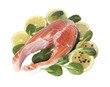 Red fish with lemon, green leaves and pepper isolated on white.